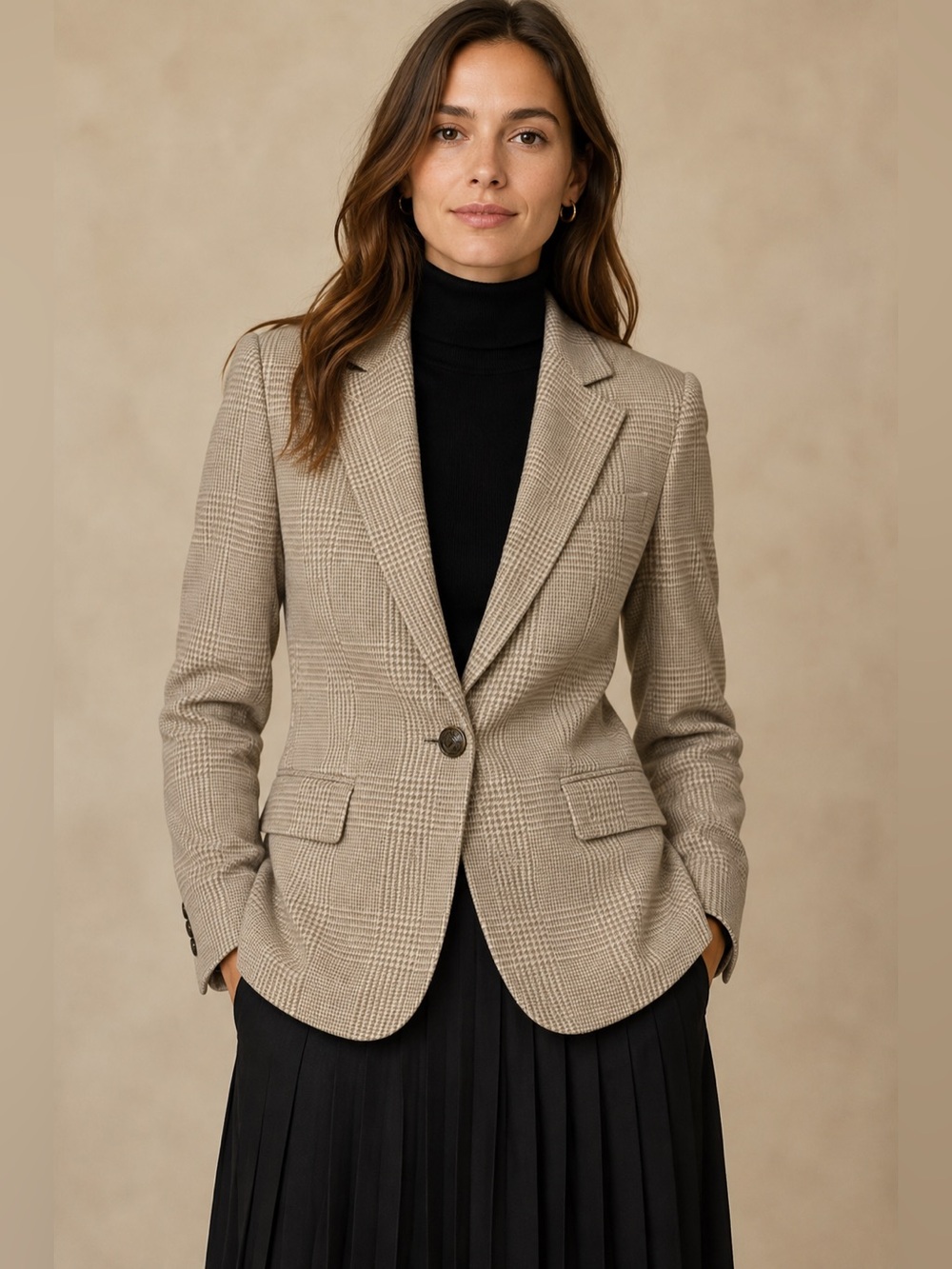 Lauren Ralph Lauren Silk Glen Plaid Equestrian Button Blazer Beige Jacket-8P